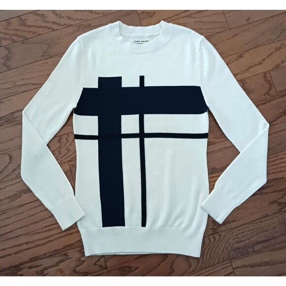 Tory Burch Sport Round Neck Wool Knit Pullover Ivory/Navy Stripes XS - Picture 4 of 4
